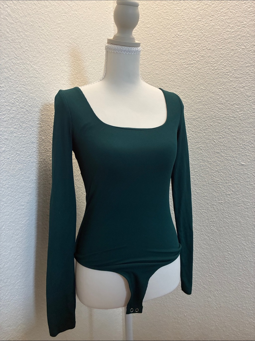 Square Neck Long Sleeve Ribbed Bodysuit - Deep Teal Green